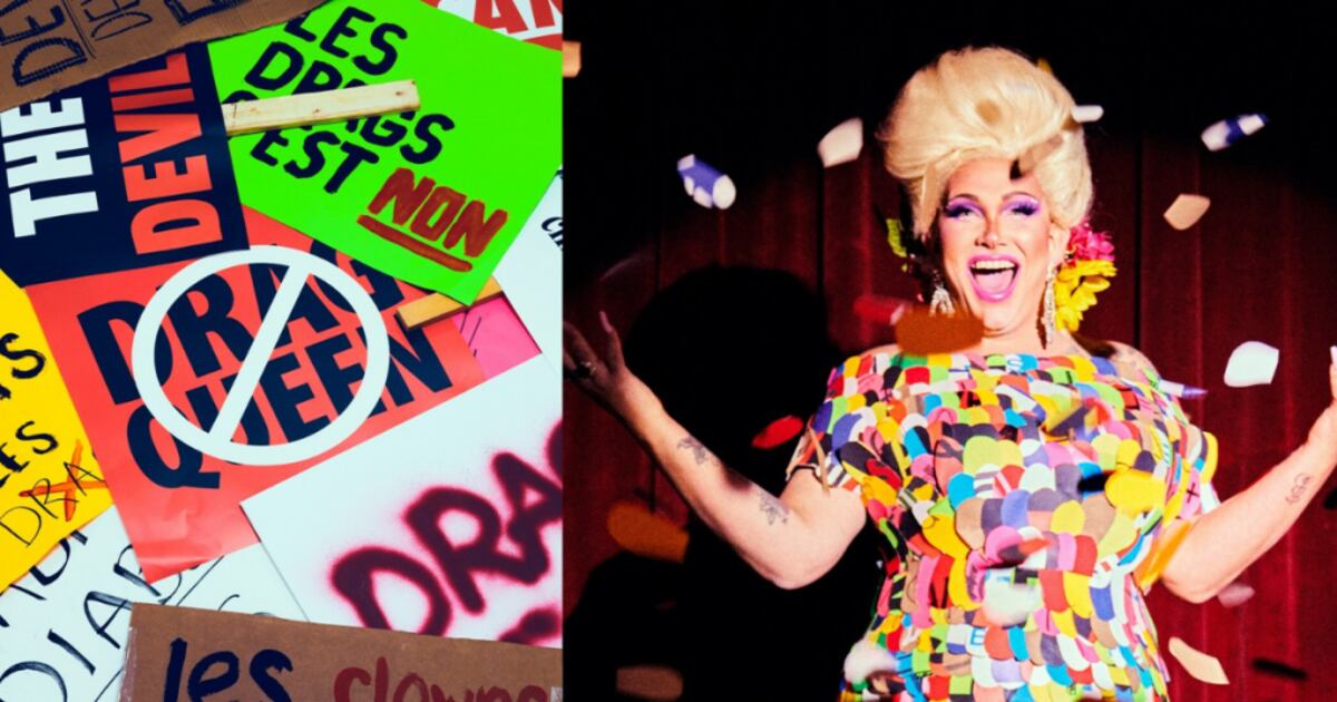 Anti Drag Rally Montreal drag queen models dress made from anti-drag rally posters