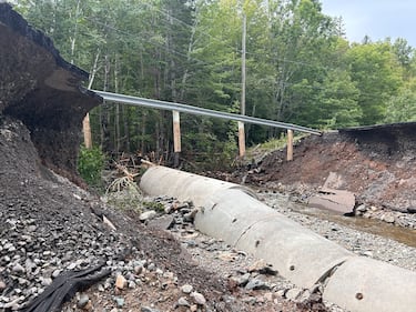 A washout on the road between St. Peter's and Dundee in Cape Breton following severe flooding. (CTV/Ryan MacDonald)