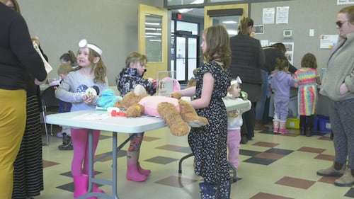 Children and their stuffed animals attend a teddy bear clinic at the Spruce Grove Public Library on March 27, 2026. (Sean McClune/CTV News Edmonton)