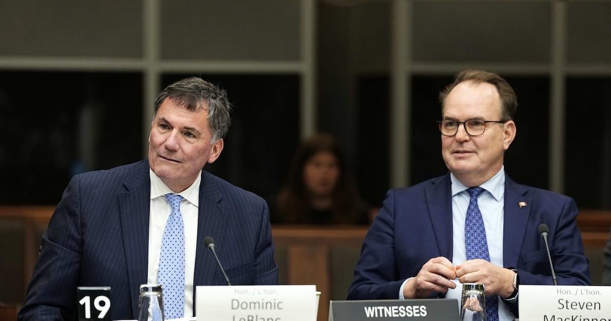 Canada-U.S. Trade Minister Dominic LeBlanc and Minister of Transport Steven MacKinnon prepare to appear before the Legislative Committee on Bill C-39 in the Parliamentary Precinct in Ottawa, on Monday, Oct. 19, 2026. THE CANADIAN PRESS/Justin Tang