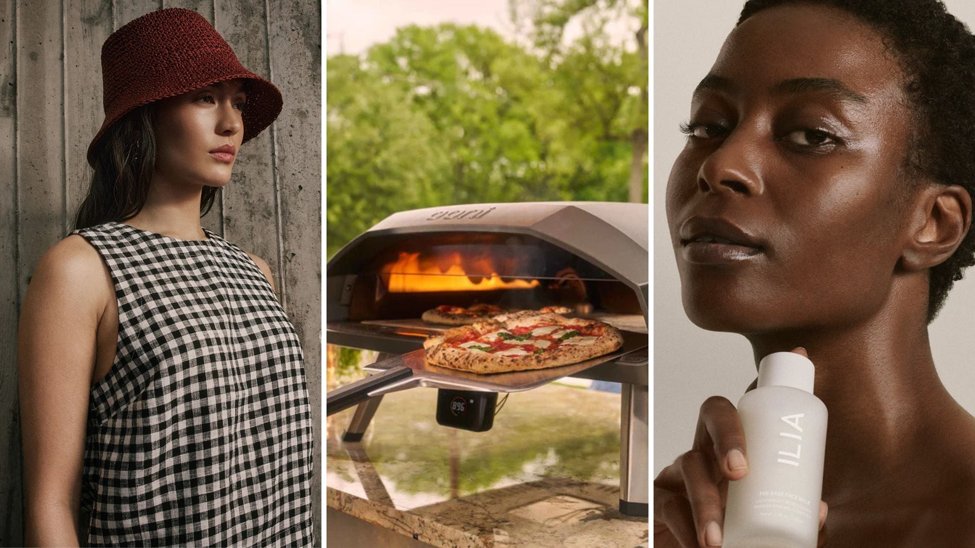 A person wearing an RW&CO shirt and bucket hat, an Ooni pizza oven, and a person holding an ILIA primer.