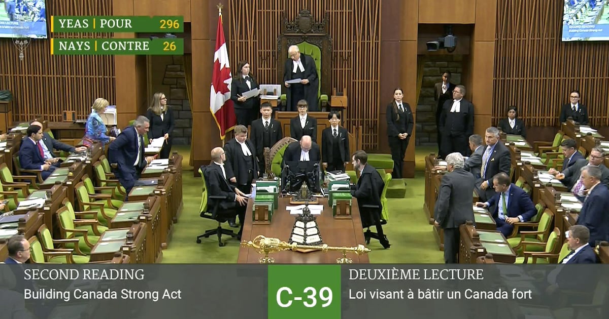 Bill C-39 passes its first vote 296-26 in the House of Commons in Ottawa, Thursday, Oct. 8, 2026.