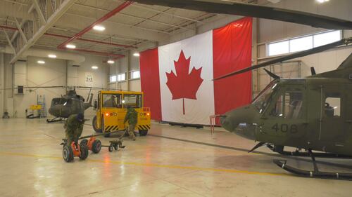 Six CH-146 Griffons from the 408 Tactical Helicopter Squadron of the Royal Canadian Air Force fly from Edmonton to Fort Wainwright, Alaska, on Jan. 26, 2026. (Evan Klippenstein/CTV News Edmonton)
