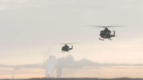 Six CH-146 Griffons from the 408 Tactical Helicopter Squadron of the Royal Canadian Air Force fly from Edmonton to Fort Wainwright, Alaska, on Jan. 26, 2026. (Evan Klippenstein/CTV News Edmonton)