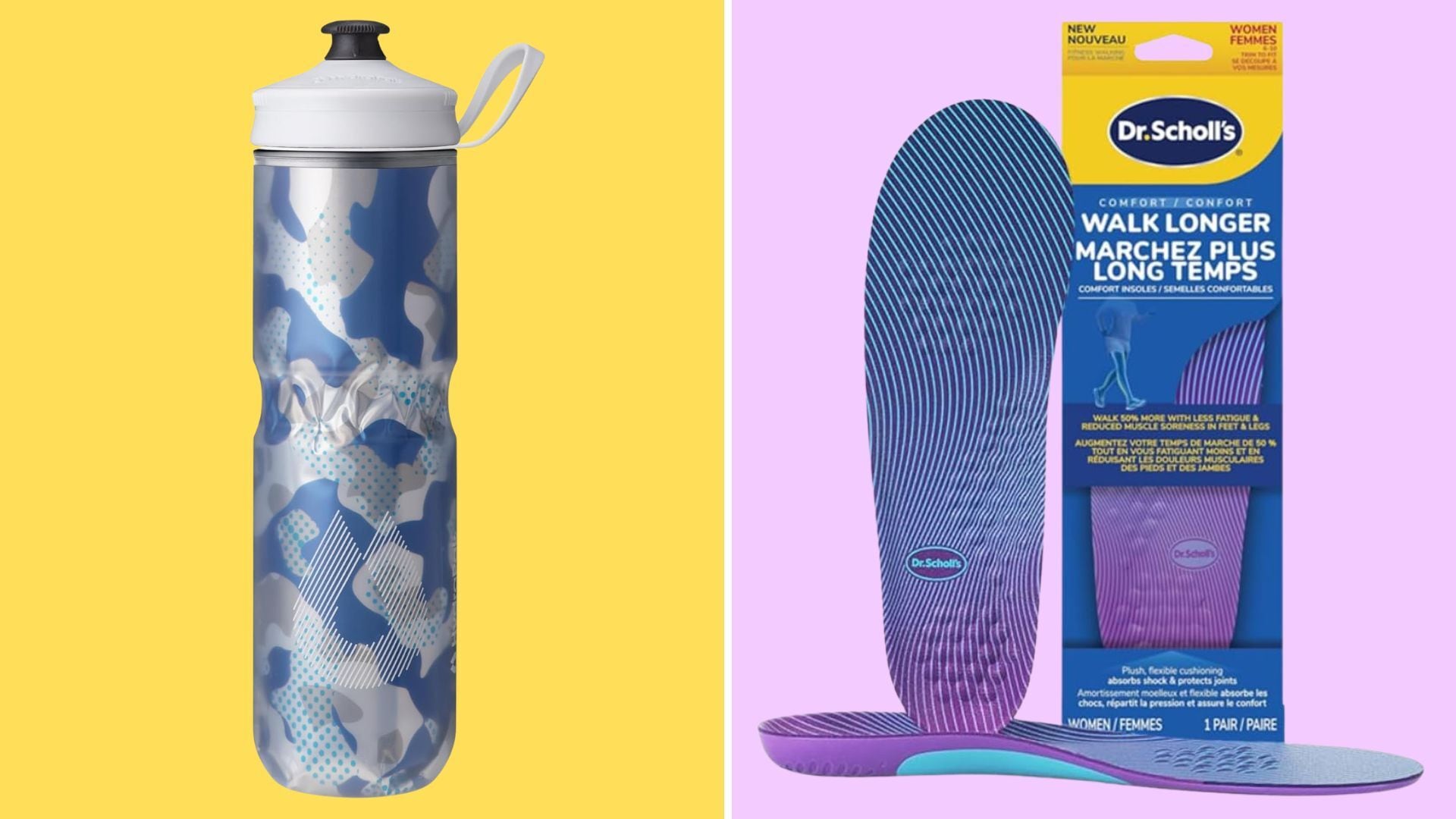 a split image of a water bottle and a pair of insoles with bright backgrounds