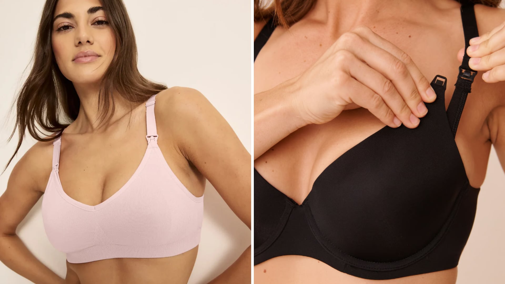 Models wear a pink and black nursing bras