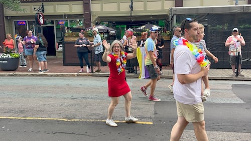 Hundreds of people lines Main Street in Moncton on Saturday for the annual Pride parade, including New Brunswick Premier Susan Holt. (CTV/Derek Haggett)