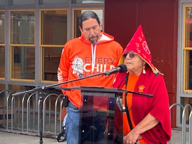 Residential school survivor Shirley Christmas speaking at the ceremony on Cape Breton’s Membertou First Nation for National Day for Truth and Reconciliation. (Ryan MacDonald/CTV News)