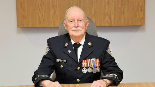 Retiring firefighter Clem Fairclough, 85, is pictured in uniform. (Courtesy of the Kentville Volunteer Fire Department)