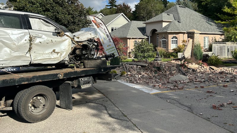 Car destroys brick structure in Kitchener crash