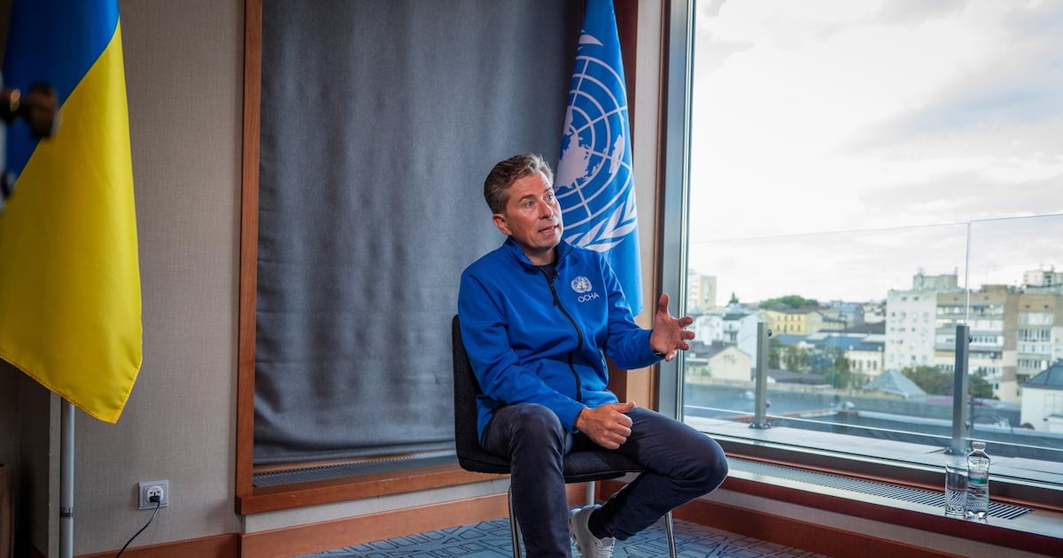 Tom Fletcher, United Nations Under-Secretary-General for Humanitarian Affairs and Emergency Relief Coordinator, speaks during an interview in Kyiv, Ukraine, Wednesday, Aug. 19, 2026. (AP Photo/Dan Bashakov)