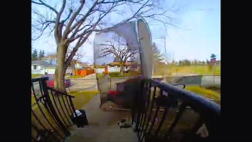 A trampoline became airborne in Calgary after powerful wind gusts on Friday, April 24, 2026. (Submitted)