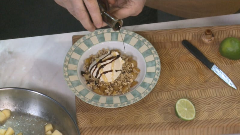 Stewed Peaches with Granola and Ice Cream