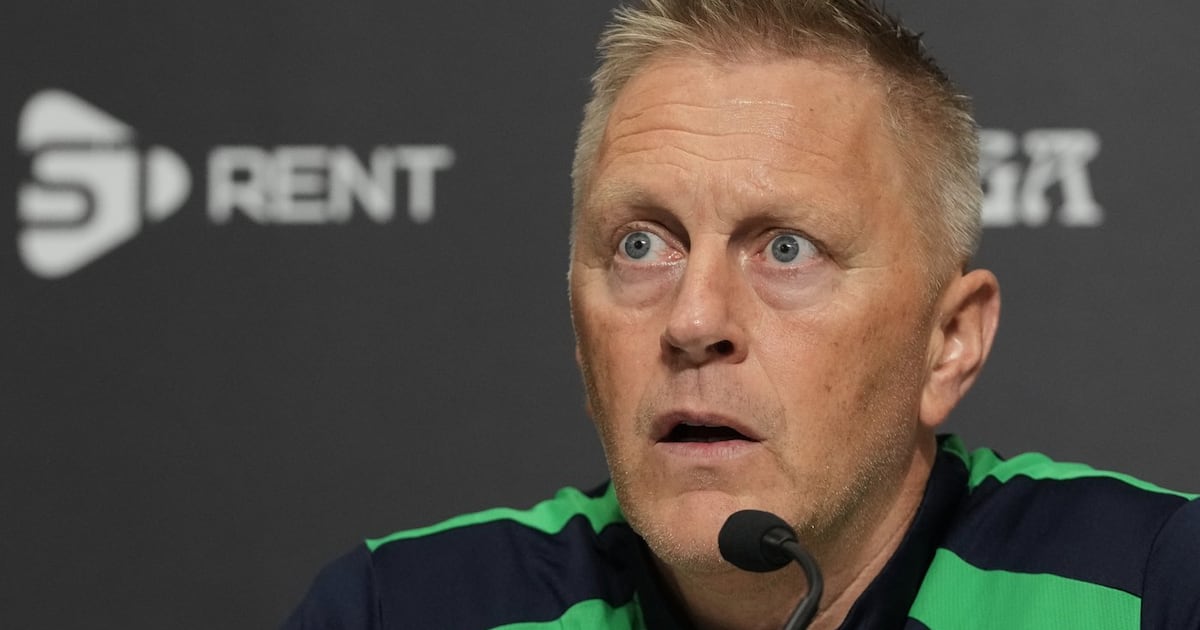 Ireland's head coach Heimir Hallgrimsson speaks during a press conference ahead of the Nations League soccer match between Republic of Ireland and Israel in Backa Topola, Serbia, Saturday, Oct. 3, 2026. (AP Photo/Darko Vojinovic)