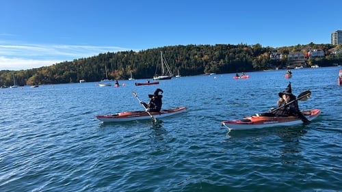 Paddlers dressed as witches are pictured on the water.