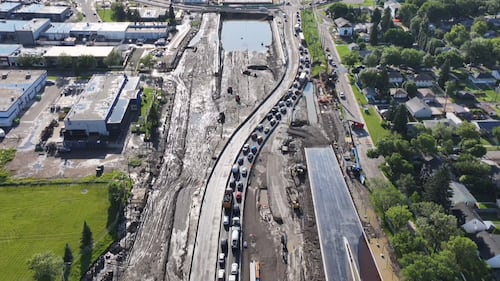 Water sits near Yellowhead Trail and 121 Street in Edmonton after an early morning storm on July 15, 2026. (Sean McClune / CTV News Edmonton)