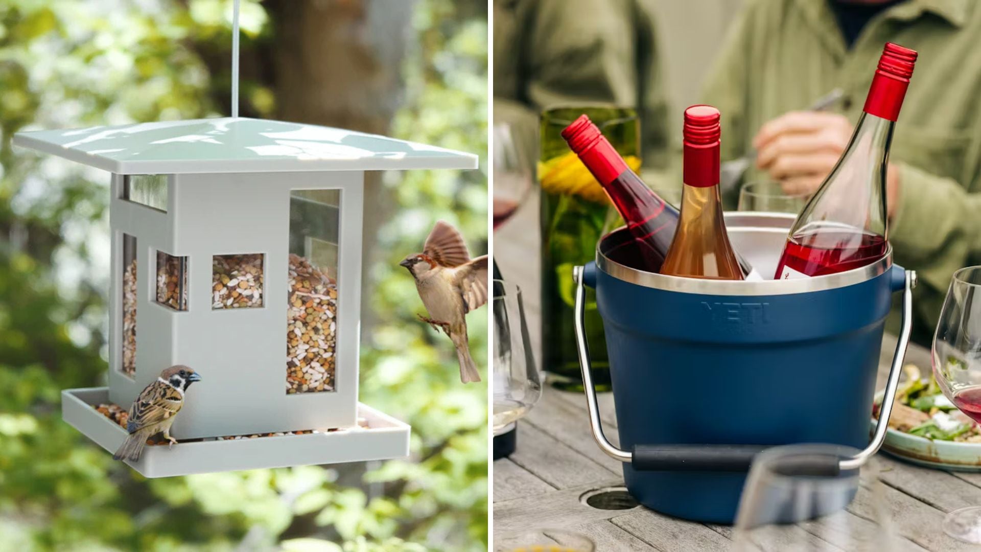An Umbra bird feeder and a YETI beverage bucket.