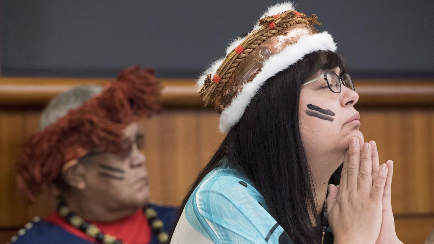 Heiltsuk Chief Councillor Marilyn Slett pauses for a moment during a news conference in Vancouver, Wednesday, Oct. 10, 2018. (THE CANADIAN PRESS Jonathan Hayward)