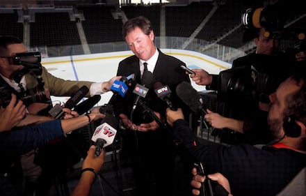 Wayne Gretzky speaks to media after the ribbon cutting ceremony at Rogers Place Arena, the new home of the Edmonton Oilers, in Edmonton, Alta., on Thursday, September 8, 2016. THE CANADIAN PRESS/Jason Franson