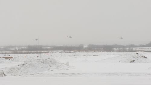 Six CH-146 Griffons from the 408 Tactical Helicopter Squadron of the Royal Canadian Air Force fly from Edmonton to Fort Wainwright, Alaska, on Jan. 26, 2026. (Evan Klippenstein/CTV News Edmonton)