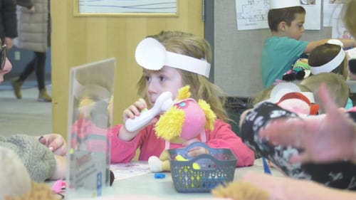 Children and their stuffed animals attend a teddy bear clinic at the Spruce Grove Public Library on March 27, 2026. (Sean McClune/CTV News Edmonton)