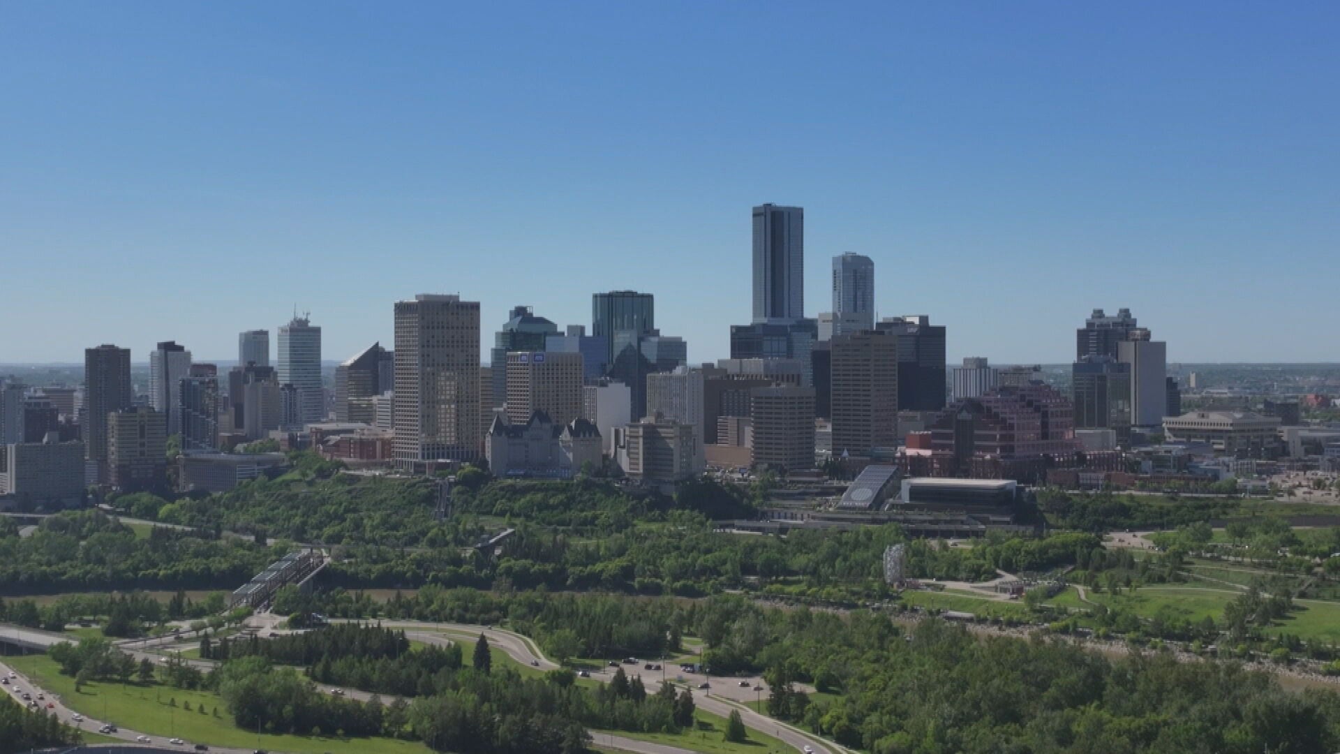 An aerial view of the downtown skyline in Edmonton in the summer 2025. (Sean McClune/CTV News Edmonton)