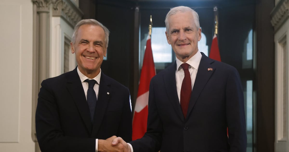 Photo: Ctvnews Prime Minister Mark Carney, left, shakes hands with Prime Minister of Norway Jonas Gahr Store before a meeting on Parliament