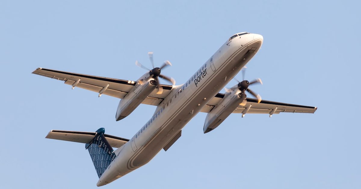 Photo: ctvnews.ca Toronto, Canada - Oct 17, 2017: Porter Airlines Bombardier Dash 8 departing from the Billy Bishop Toronto City Airport