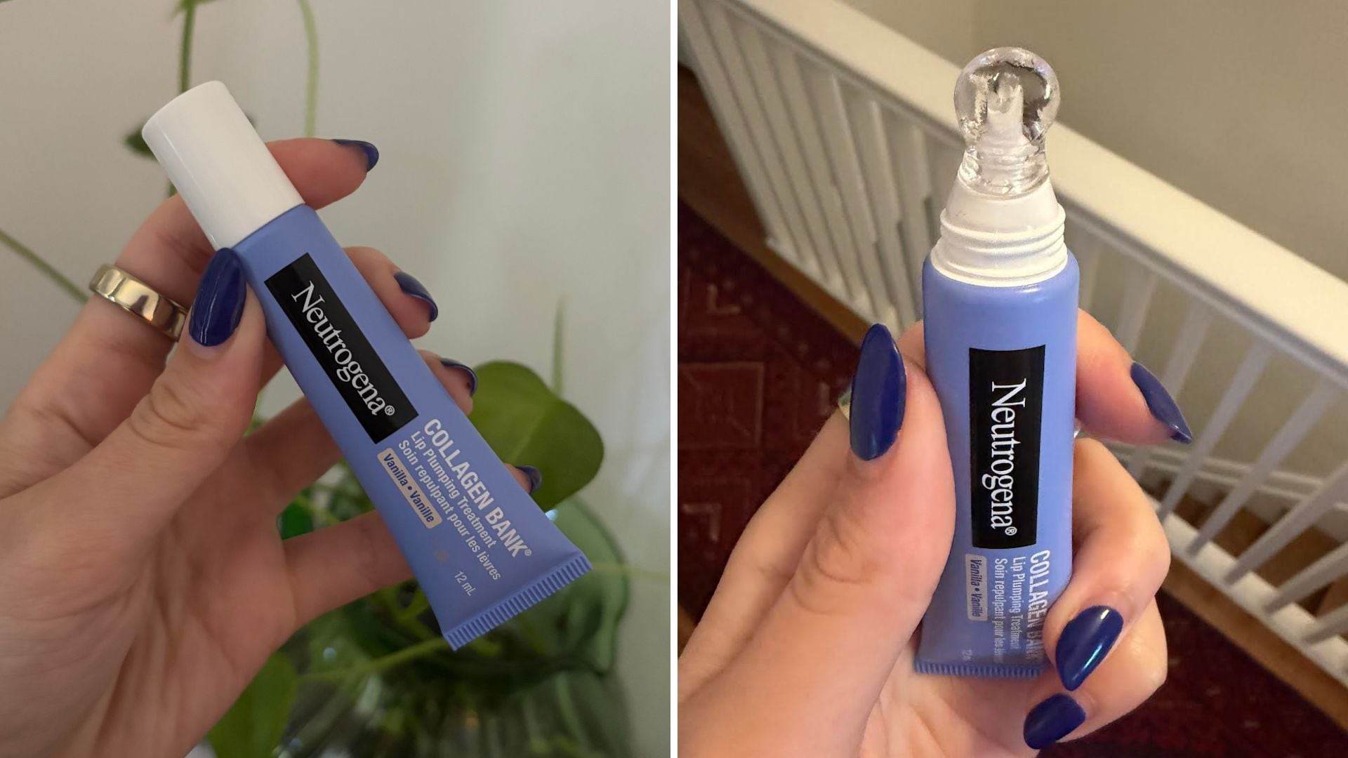 Alice holding a tube of Neutrogena Collagen Bank Lip Plumping Treatment with and without the cap on.
