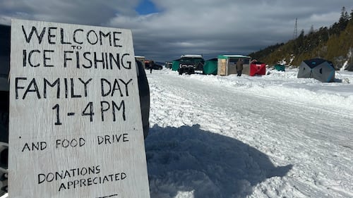 The sign for the Dominion Park annual Family Day ice fishing event is pictured. (Avery MacRae / CTV Atlantic)