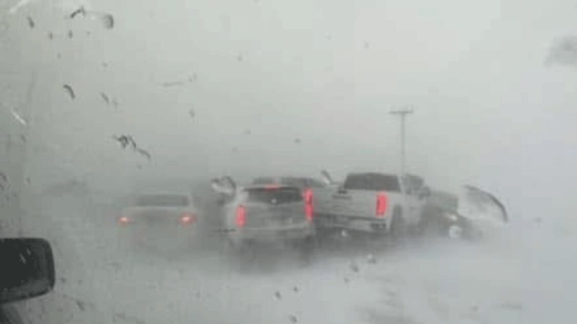 A pileup of vehicles is pictured on Manitoba Highway 9 amid a blizzard on Jan. 17, 2025. (Michael Hall)