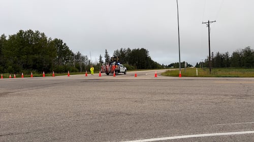 Highway 627 was closed at Golden Spike Road the morning of Aug. 13, 2026, because of a crash. (Sean McClune / CTV News Edmonton)