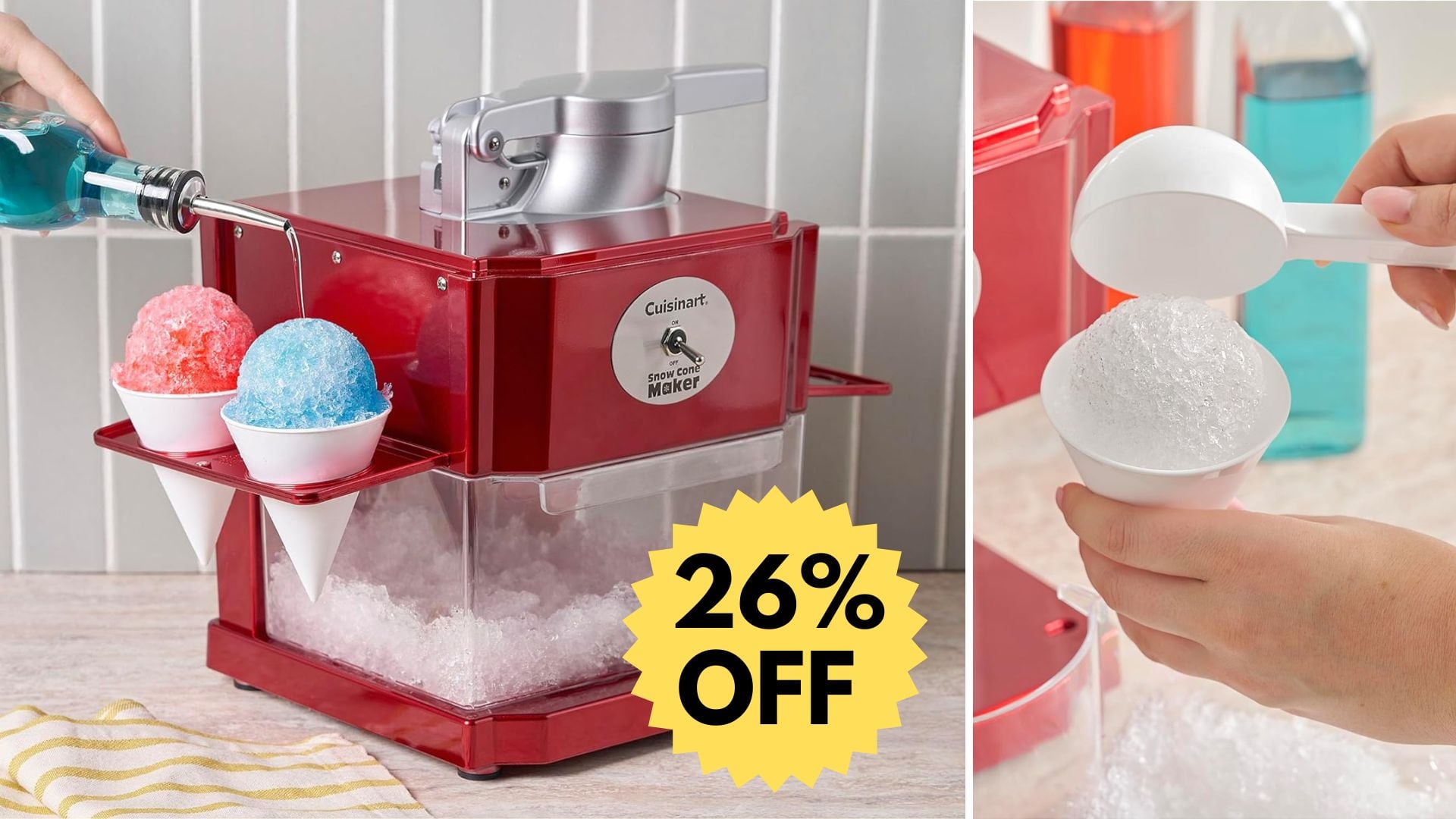 A red Cuisinart snow cone machine and a person scooping ice onto a cone.