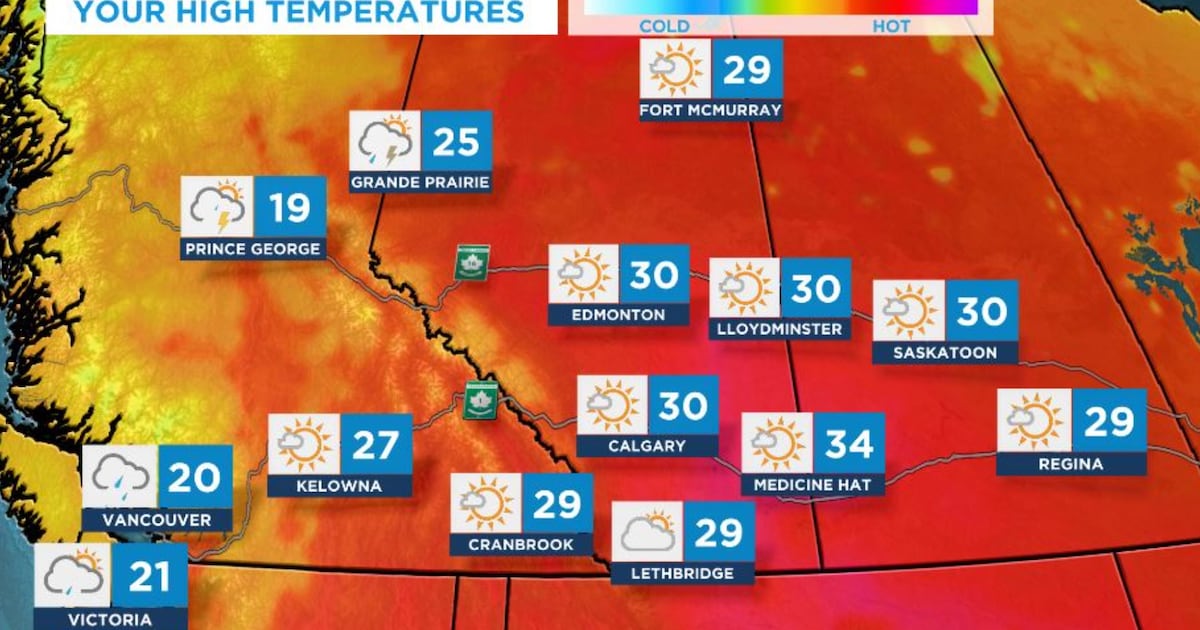 Highs in the 30s in central/southern Alberta; strong thunderstorms likely near Edmonton