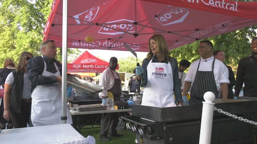 Alberta Premier Danielle Smith flips a pancake into a pan at the Kdays breakfast at the legislature on July 16, 2026. (Sean McClune / CTV News Edmonton)