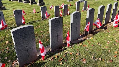 Canadian flags are pictured next to grave stones.