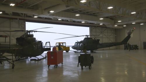 Six CH-146 Griffons from the 408 Tactical Helicopter Squadron of the Royal Canadian Air Force fly from Edmonton to Fort Wainwright, Alaska, on Jan. 26, 2026. (Evan Klippenstein/CTV News Edmonton)