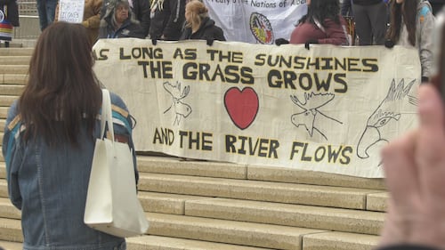 First Nations groups held a rally at Edmonton's Churchill Square on April 8, 2026 to speak out against a potential separation referendum. (Brandon Lynch/CTV News Edmonton)