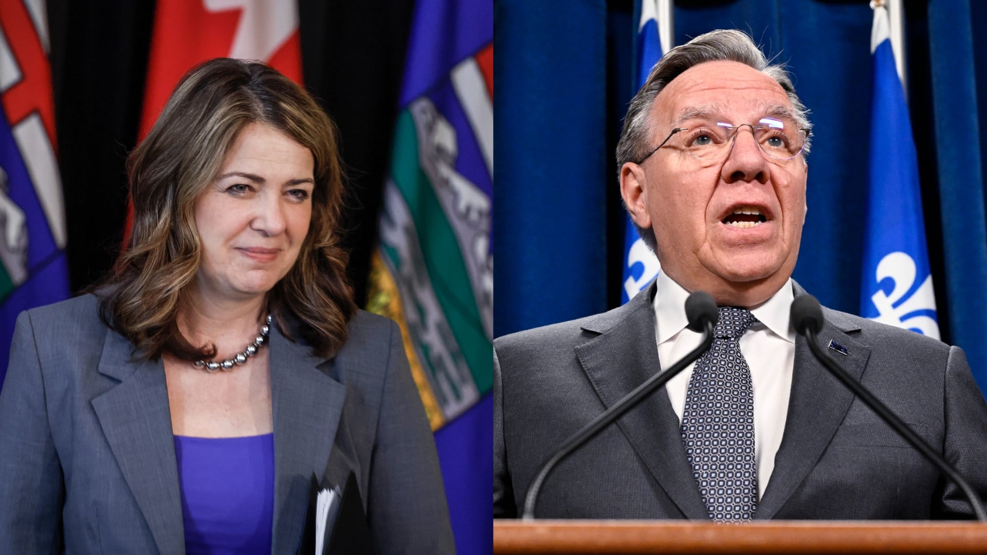 In this composite image, (left) Alberta Premier Danielle Smith leaves the podium after an event in Calgary, Alta., May 16, 2025, and, (right) Quebec Premier Francois Legault speaks at a news conference at the legislature in Quebec City, April 29, 2025.