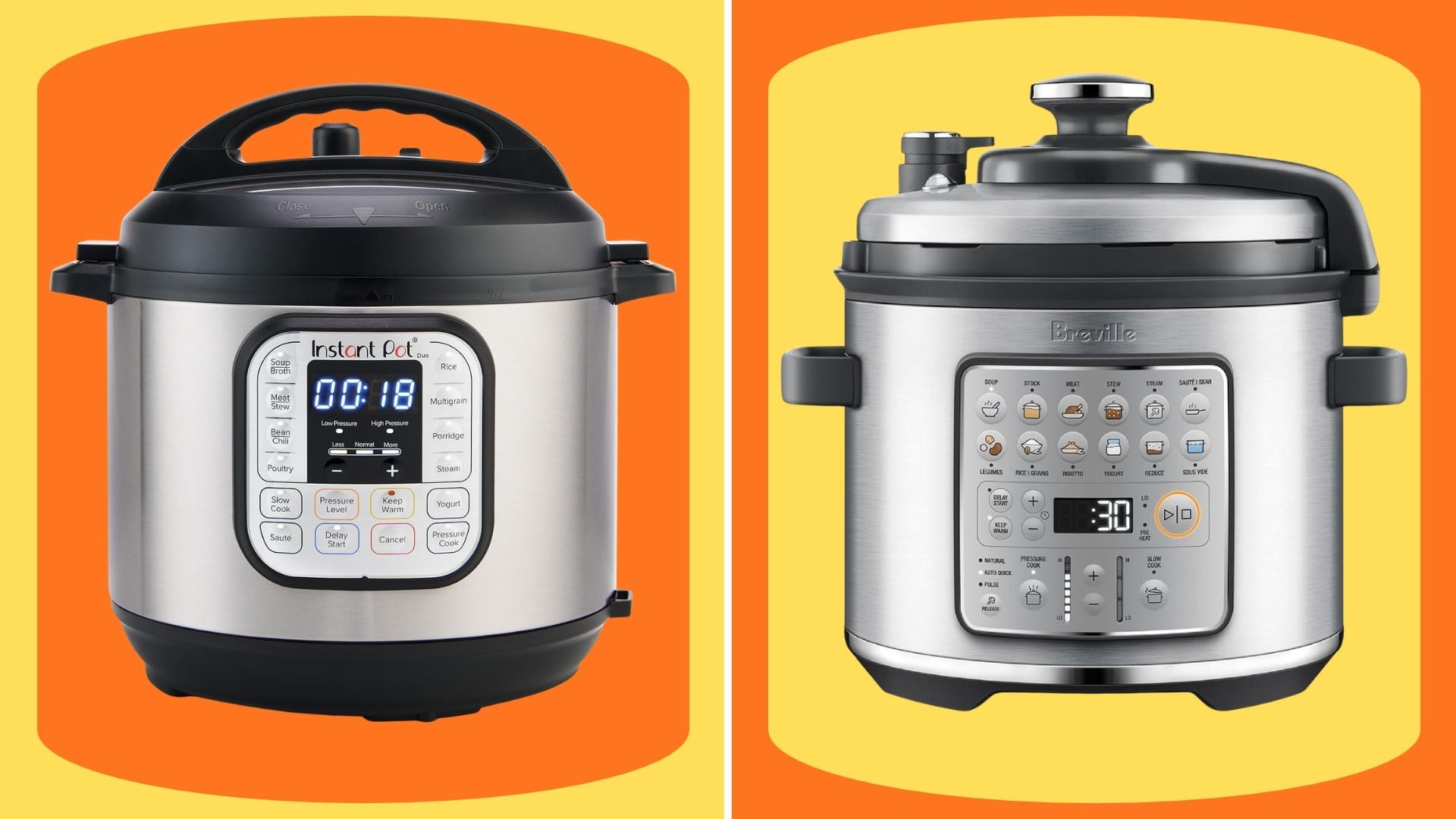 An Instant Pot Pressure Cooker and a Breville Pressure Cooker.