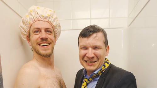 Calgary Mayor Jeromy Farkas showers with CJAY92’s Tyler Middleton on Tuesday, April 14, 2026.