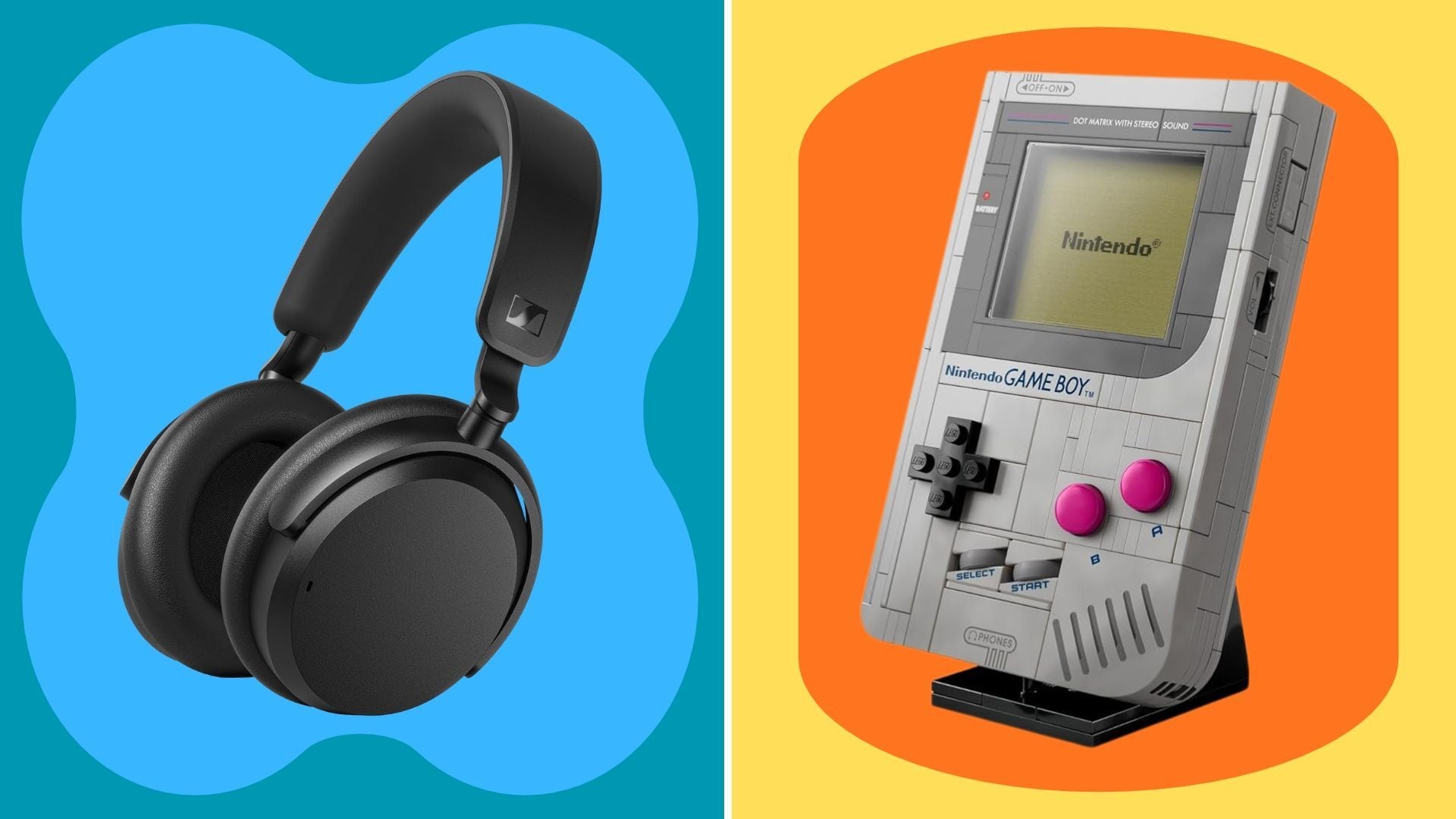 a pair of headphones and a LEGO Gameboy with a bright and colourful background