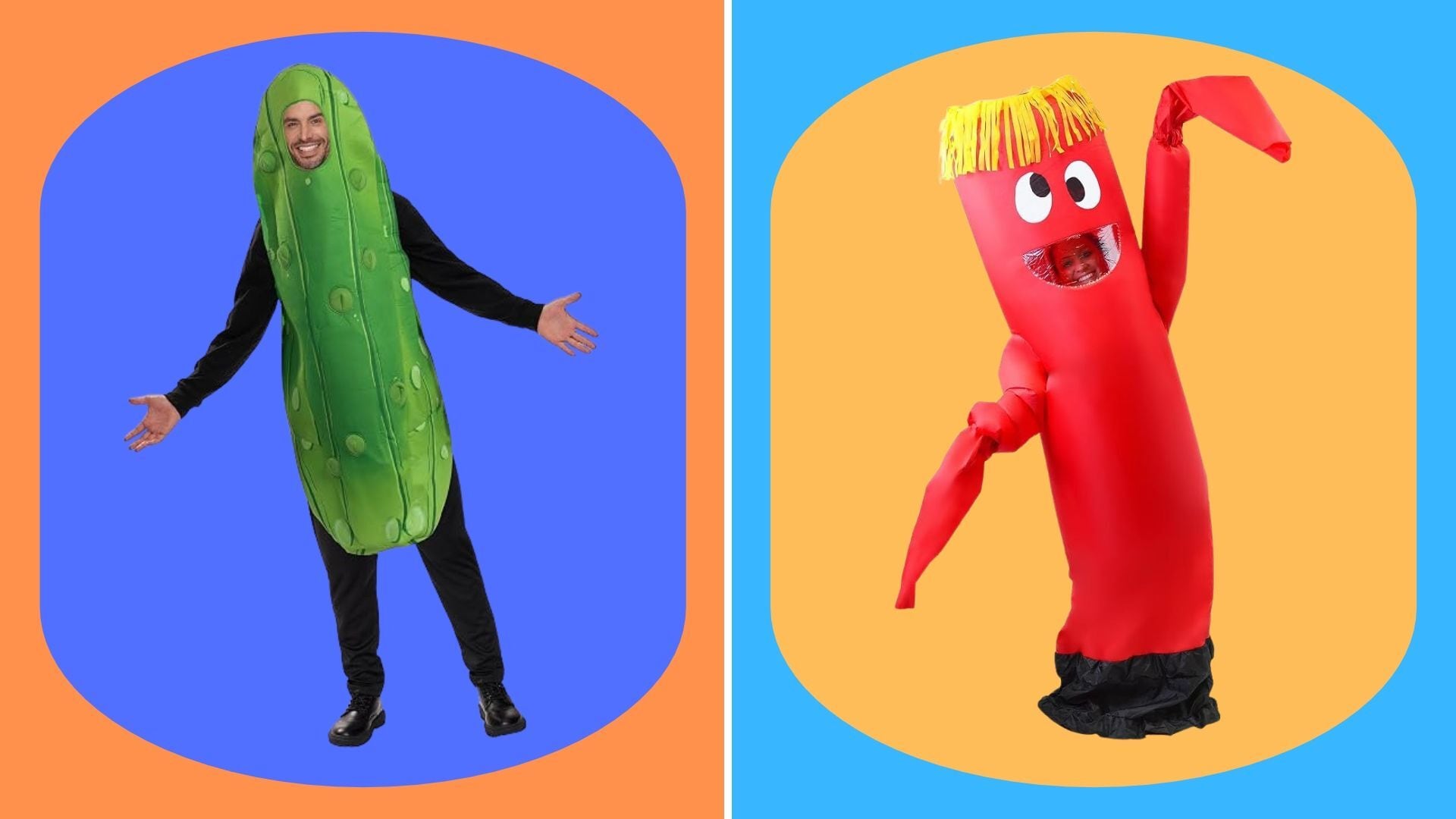 two halloween costumes with a bright and colourful background