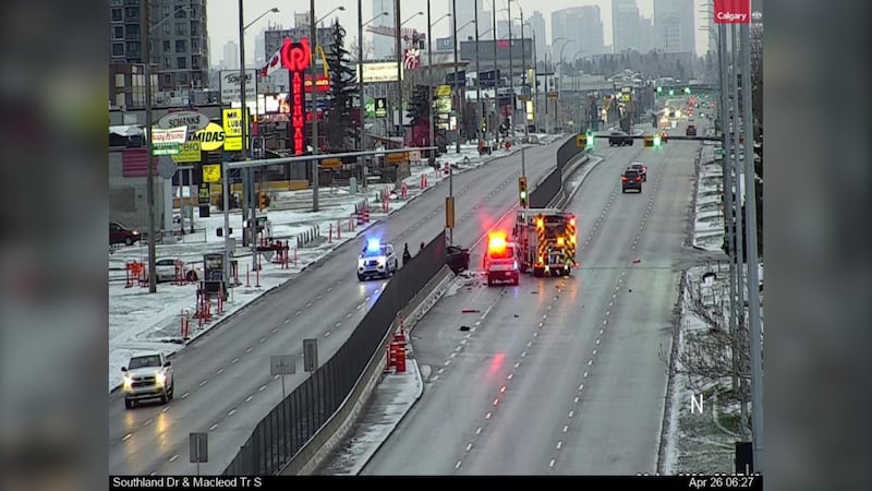 1 person hospitalized in life-threatening condition after vehicle collides with pole in south Calgary