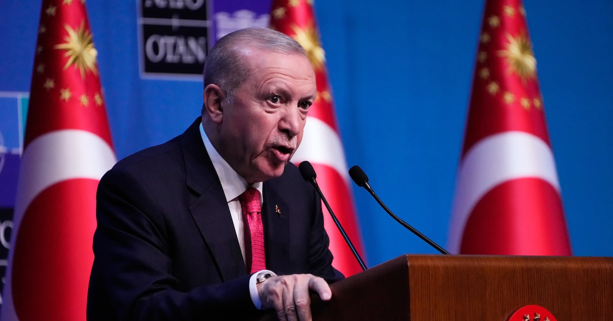 Turkish President Recep Tayyip Erdogan speaks during a media conference at the NATO summit in Ankara, Turkey, Wednesday, July 8, 2026. (AP Photo/Hussein Malla)