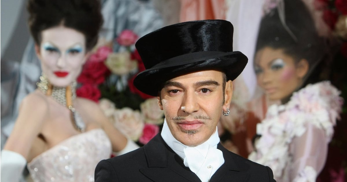 Fashion designer John Galliano poses at the end of the presentation of the Dior Haute Couture spring/summer 2010 fashion collection on Jan. 25, 2010, in Paris. (AP Photo/Jacques Brinon, File)