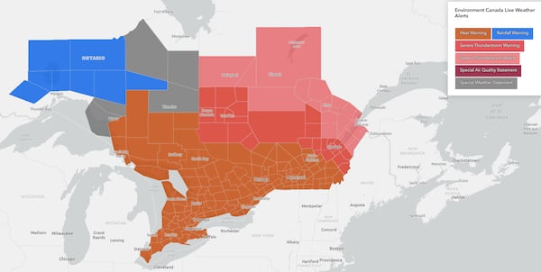 Live weather alert map shows extreme heat warnings from Windsor to Timmins, Ont.