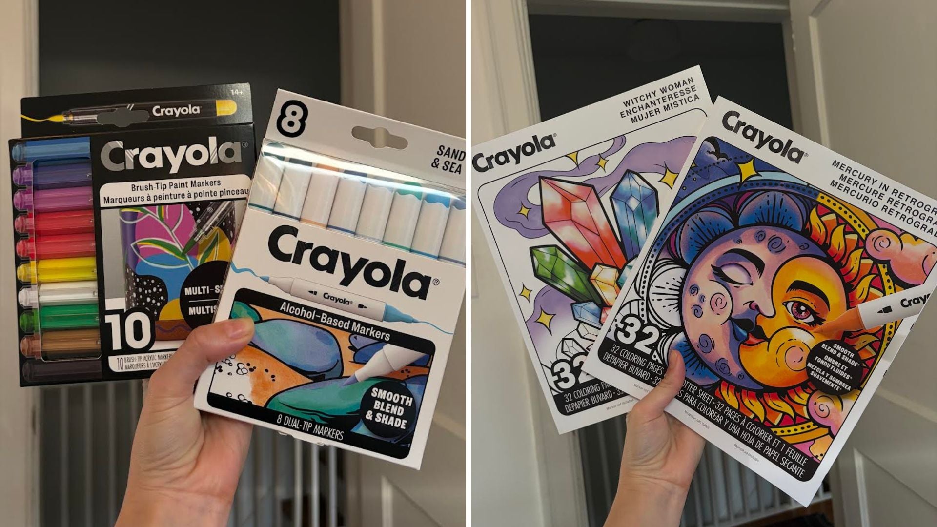 Alice holding Crayola colouring supplies from the All Grown Up collection.