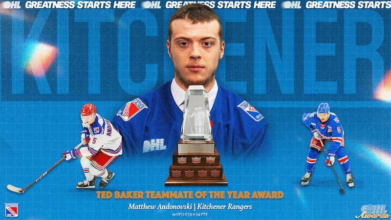 Kitchener Rangers defenceman Matthew Andonoski named OHL Teammate of the Year