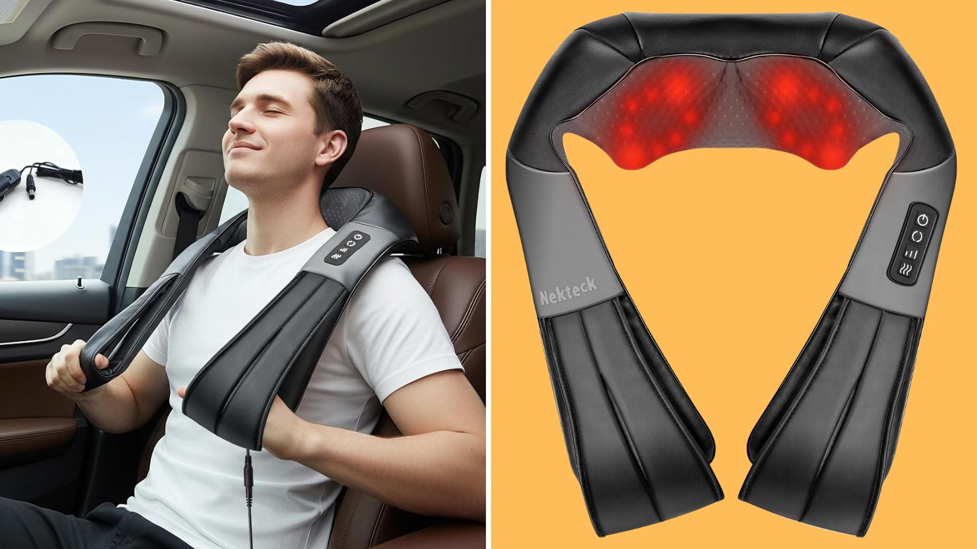 A person using the Nekteck Back and Neck Massager while sitting in a car, and a solo shot of the device.
